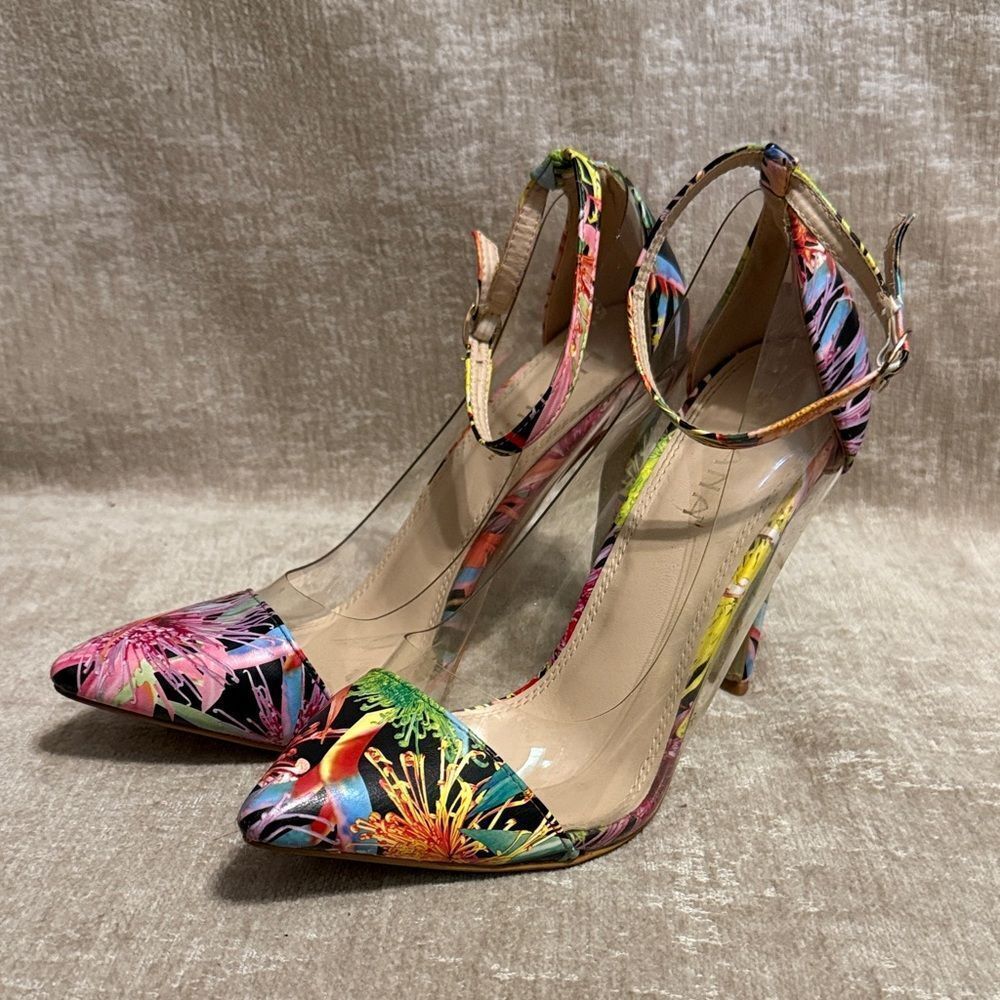Liliana women's satin floral lucite pointy toe ankle strap stiletto pumps